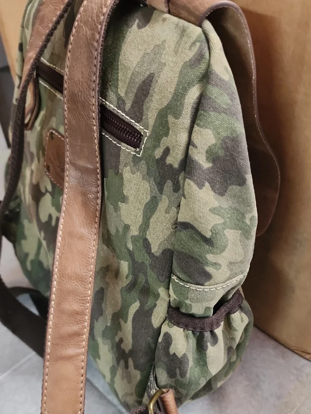 Scully Camouflage & Leather Ranger Canvas Backpack with Brown Trim